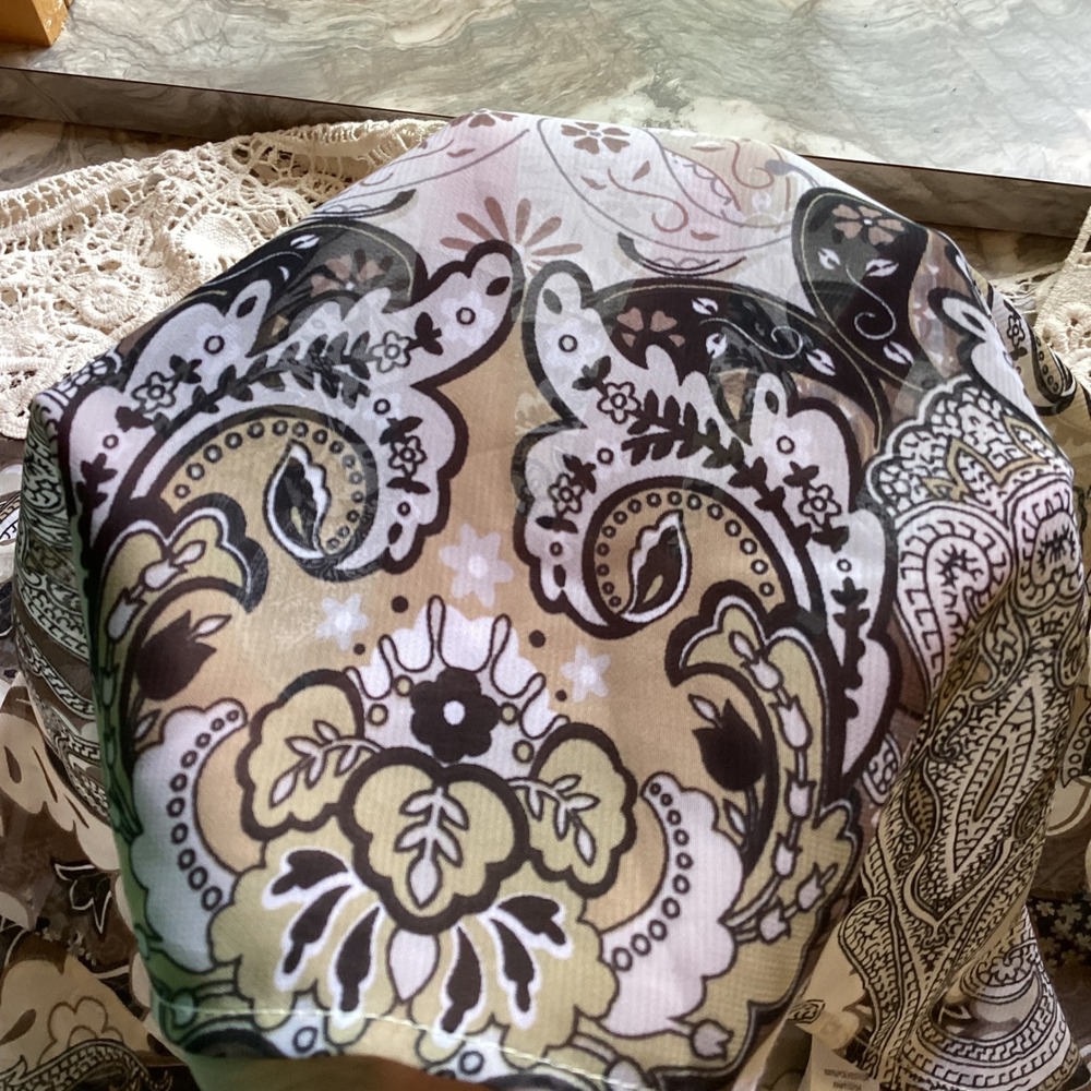One World Paisley Chiffon Blouse Crochet Lace Shoulder Boho Top Brown Cream PM - Picture 4 of 10